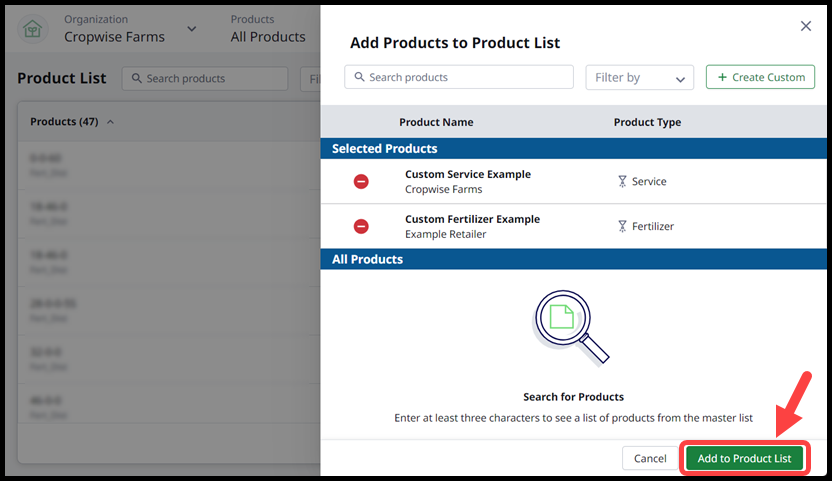 11. Picture of Add Products Menu using custom service and fertilizer with box and arrow around Add to Product List.png
